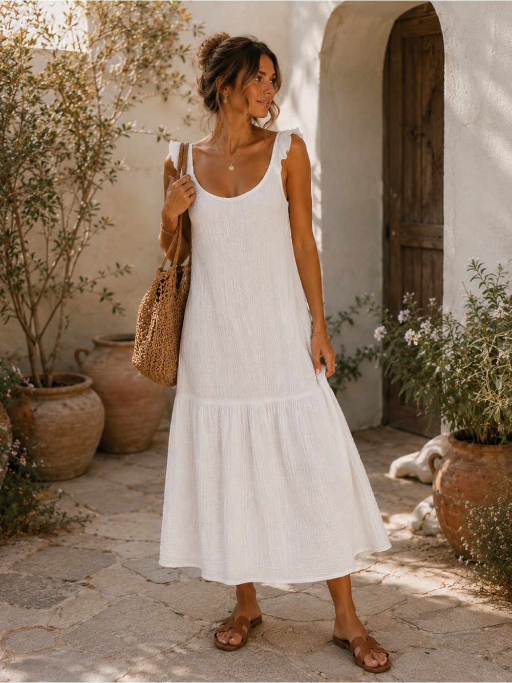 4Our Dreamers White Cotton Gauze Tie Waist Midi Dress Boho Coastal